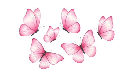 Set of 6 Watercolor Pink Butterflies isolated PNG with Transparent Background