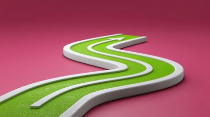 Curved pathway design with a bright green surface and directional arrow against a vibrant pink background, symbolizing journey and progress