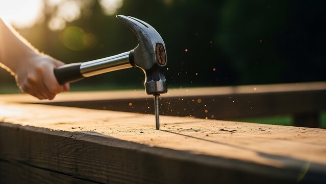 Hand hammering a nail into a wooden board at sunset with flying sawdust