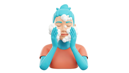 3D Character Washing Face with Soap Bubbles