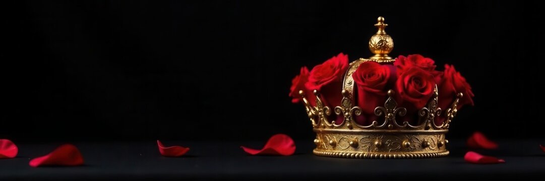 Ornate golden crown adorned with red roses, black backdrop, gothic, contrast, regal