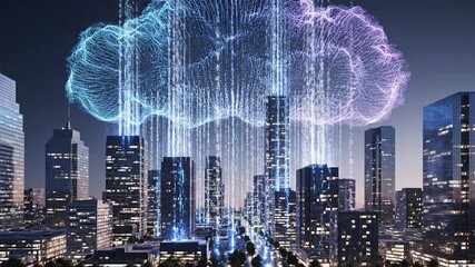 Illuminated urban landscape under a shimmering data cloud, sending digital streams downward - Powered by Adobe