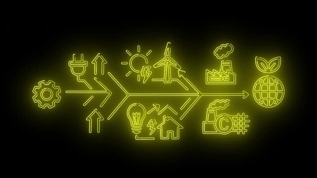 Neon green flowchart diagram with various icons on a black background, conveying a conceptual and technological mood with a flat design style.