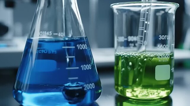 Laboratory glassware with colored liquids demonstrating scientific experiments