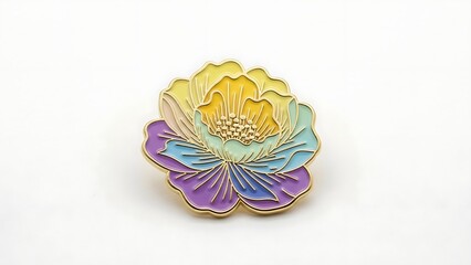 An exquisite enamel pin shaped like a beautiful flower showcases a captivating gradient of pastel colors, ranging from yellow and green to blue and purple, with intricate gold detailing.