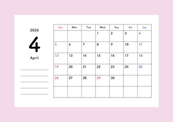 2026年4月 シンプル月間カレンダー｜日曜始まり・書き込み欄付き