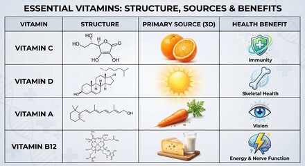 Essential Vitamins Structure Sources and Benefits Infographic Chart - Science and Health Education
