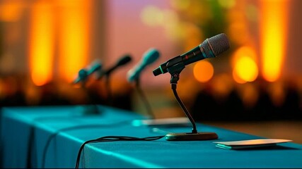 Microphones on a table, set for a professional event or discussion.