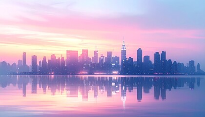 A vibrant urban skyline captures the transition from a glowing morning sunrise to a golden evening sunset over downtown skyscrapers reflected in the river water under a cloudy dusk sky