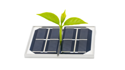 Young Green Sprout Growing from a Miniature Solar Panel for Sustainable Energy isolated PNG with Transparent Background