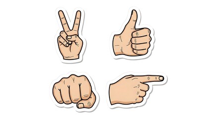 A set of four diverse hand gesture stickers, including victory, thumbs up, fist, and pointing finger, representing various expressions and communication.
