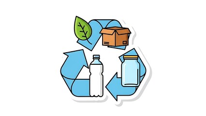 A clear sticker illustration of the universal recycling symbol, featuring various recyclable items like a leaf, cardboard box, plastic bottle, and glass jar, promoting environmental awareness.