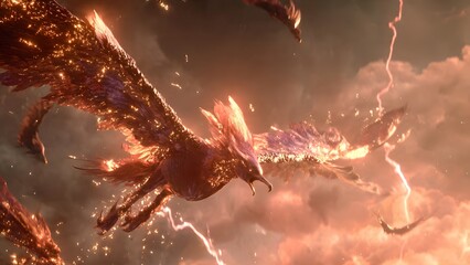 Phoenix fighting a giant predatory bird in the sky, fiery wings illuminating the clouds, motion blur capturing the speed of the battle, sparks and feathers flying