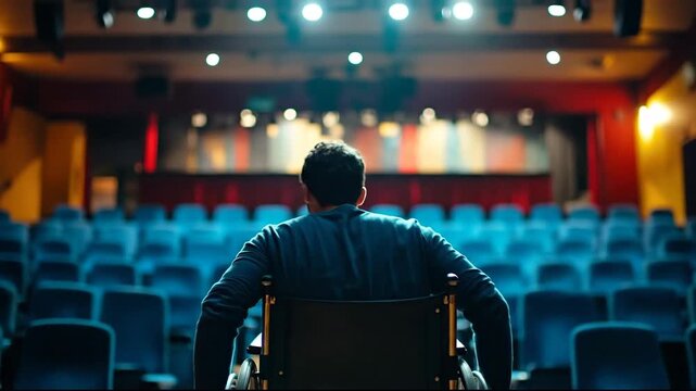 A person in a wheelchair facing an empty theater, evoking deep reflection.