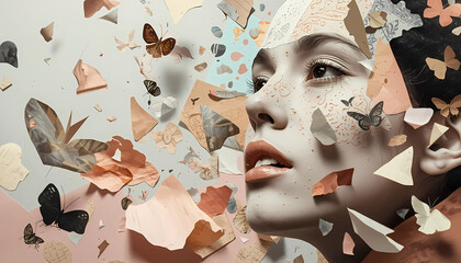 Woman's face with butterflies and torn paper fragments around her
