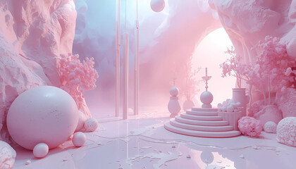 Surreal pink landscape with futuristic architecture and misty atmosphere