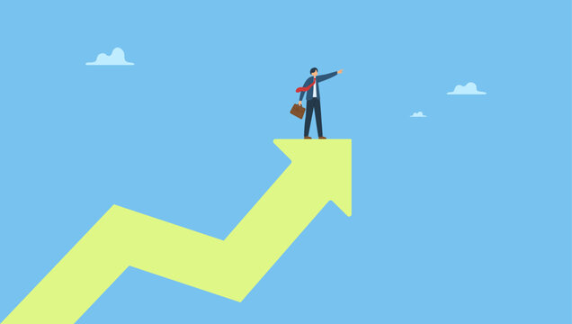 Confidence businessman stand on growing arrow pointing up in the sky. Growth strategy challenge to improve and achieve business goal, leadership to lead company to meet target, motivation.