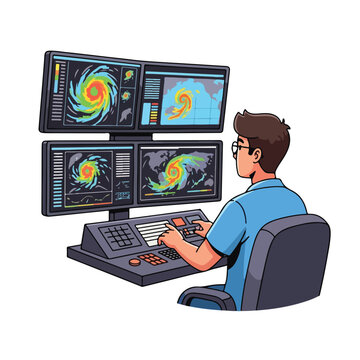 A man monitors multiple screens displaying weather maps