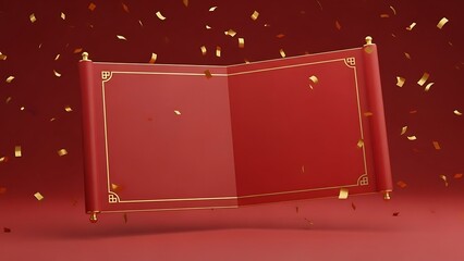A blank red scroll unfurling amidst a shower of golden confetti against a deep red background, perfect for celebratory announcements or awards