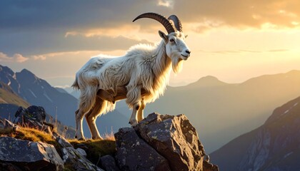 Majestic white mountain goat with impressive curved horns stands proudly on a rocky cliff overlooking a vast, hazy mountain range at sunset