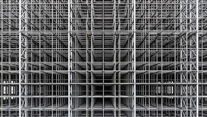 A complex and repetitive abstract pattern formed by a dense arrangement of metal grids creates a fascinating three-dimensional labyrinth, showcasing intricate industrial design.
