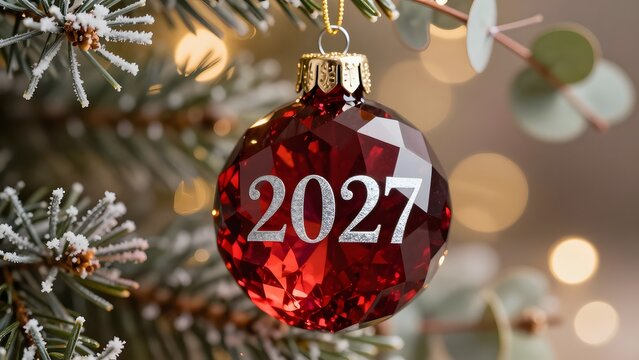 boule de noel &agrave; facettes rouges isol&eacute; sur un fond festif hivernal. L'inscription 2027 est grav&eacute; dessus 