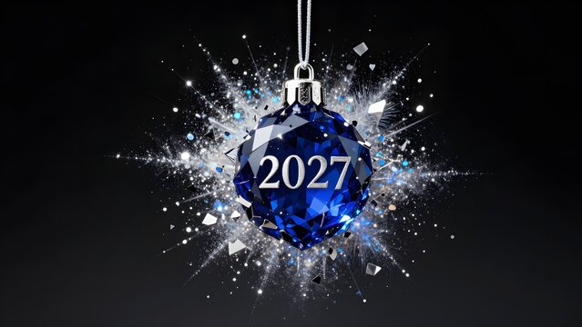 boule de noel &agrave; facettes bleues entour&eacute; d'une explosion de paillettes argent&eacute;es faisant penser &agrave; un flocon. isol&eacute; sur un fond noir. L'inscription 2027 est grav&eacute; dessus.