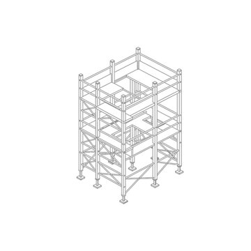 Scaffolding Tower Structure Isometric Line Art. Detailed Technical Framework Outline Drawing for Construction and Engineering Diagrams.