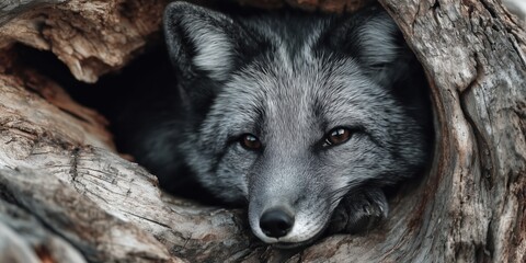 Fototapeta premium Close up portrait of a beautiful grey fox resting inside a hollow tree trunk.