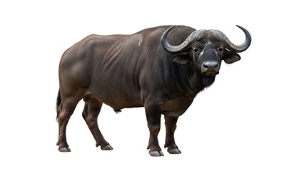 Obraz premium Powerful African Cape Buffalo Isolated on Pure White Background - Detailed Digital Illustration of a Majestic Wild Bovine from the Safari Big Five for Easy Compositing and Wildlife Projects.