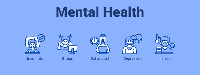 Mental Health web banner icon vector illustration concept ,  with icon of Insomnia, Stress, Exhausted.