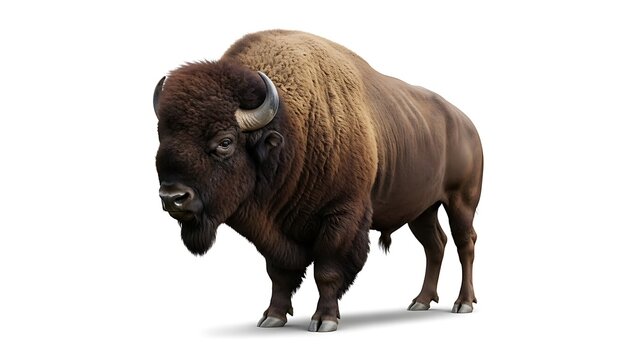 Majestic American Bison (Bison bison) Standing Proudly, Full Body Isolated on Clean White Background with Shadow for Easy Cutout and Wildlife Design - Symbol of North American Wilderness.