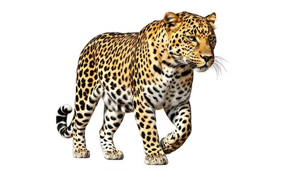 Fototapeta premium A majestic spotted leopard, a powerful feline predator and wild carnivore known as Panthera pardus, captured in a portrait isolated on a clean white background for a nature and wildlife safari theme