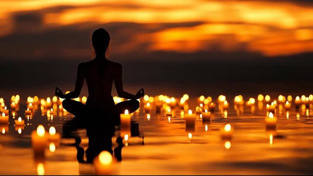 A serene silhouette meditating among floating candles at sunset.