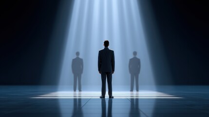 Fototapeta premium A businessman standing in an illuminated space with beams of light highlighting shadows against a dark background in a mysterious atmosphere