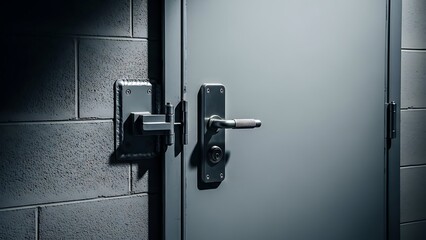 A robust metal door with multiple heavy-duty locks and a handle, set against a stark concrete block wall, emphasizing security and protection.