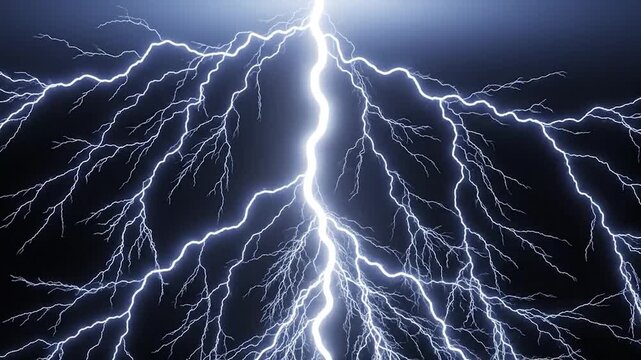 Powerful, bright electric lightning bolt illuminating a dark stormy night sky, branching