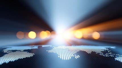 Abstract global map with illuminated lights and soft focus, representing connectivity, digital world, and technological advancements in a modern environment