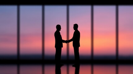 Fototapeta premium Silhouette of Two Businessmen Shaking Hands Against a Sunset Background in Modern Office Setting