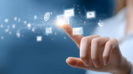 Commercial materials, PPT background, blank background, design space, Hand touching a virtual screen icons, email, and phone number on a futuristic hologram interface for o