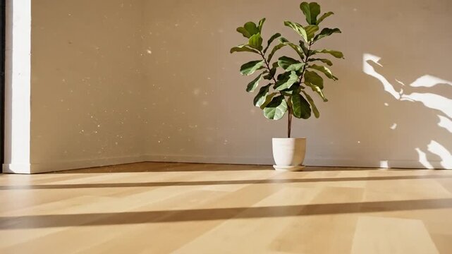 Minimalist interior with fiddle leaf fig plant and sunlight