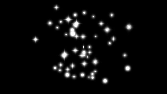 Glittering star twinkle animation using white cartoon flat vector doodles, blinking sparkle shine and glowing light motion on black screen background, magical festive star overlay loop in high quality