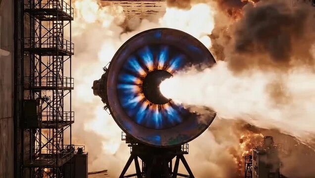 A large rocket engine is tested in a facility with a bright blue and orange flame