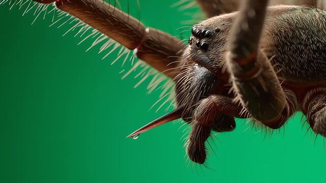 Close-up of a Wolf Spider with Water Droplet on Fang