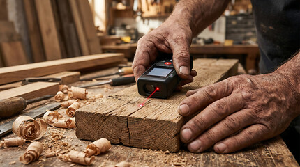 Close up of senior woodworker hands using professional laser measuring tool on timber in traditional workshop