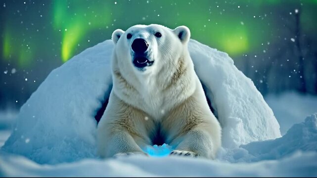 A polar bear resting in an igloo under the aurora borealis.