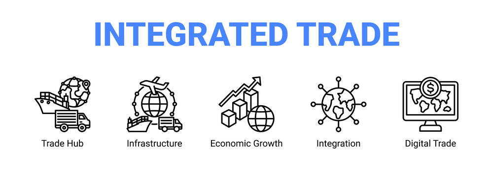 Integrated Trade web banner icon concept, with Trade Hub, Infrastructure, Economic Growth, Integration.