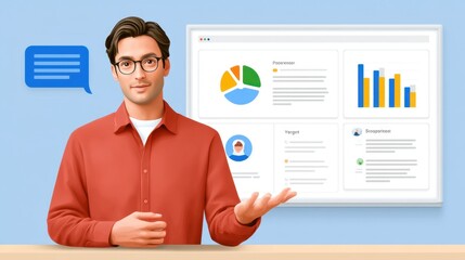 Professional man presenting data insights with graphs and charts in a modern workspace, showcasing analytical skills and teamwork in a business environment