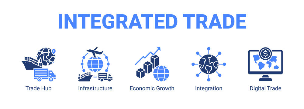 Integrated Trade web banner icon concept, with Trade Hub, Infrastructure, Economic Growth, Integration.