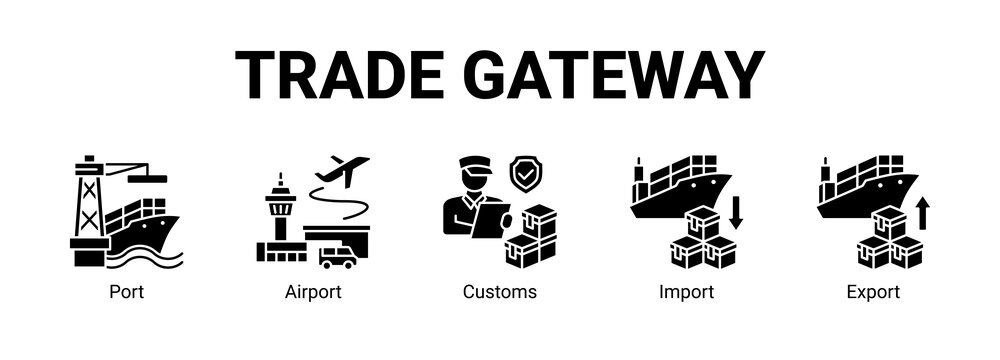 Trade Gateway web banner icon concept, with Port, Airport, Customs.
